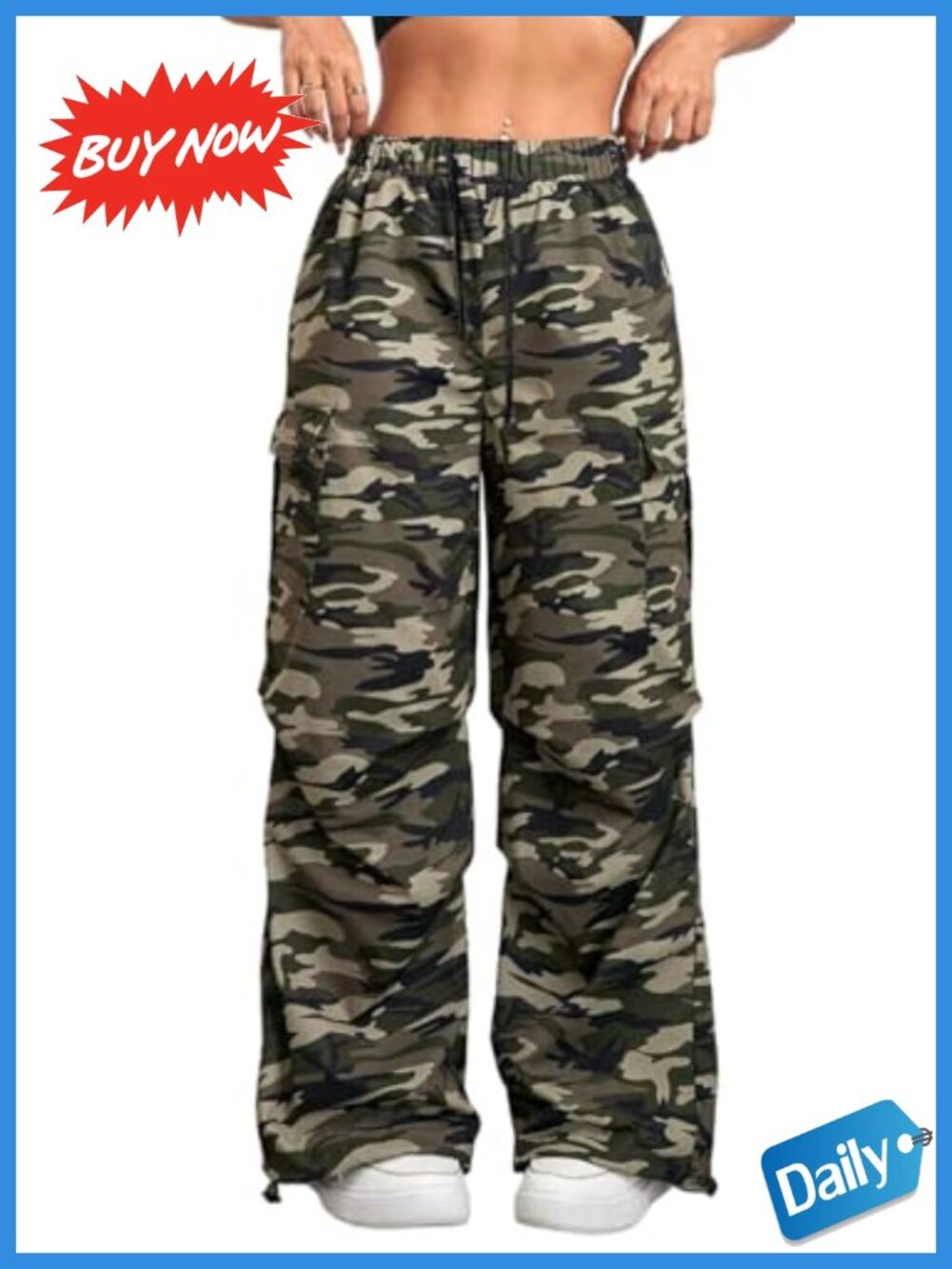 Wide Leg Camo Cargo Pants Drawstring Jogger Elastic Waist Y2K Women